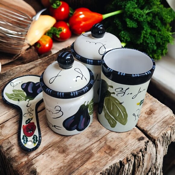 Melanzana Tuscan Kitchen 6-Piece Ceramic Canister & Spoon Rest Set - Picture 1 of 13